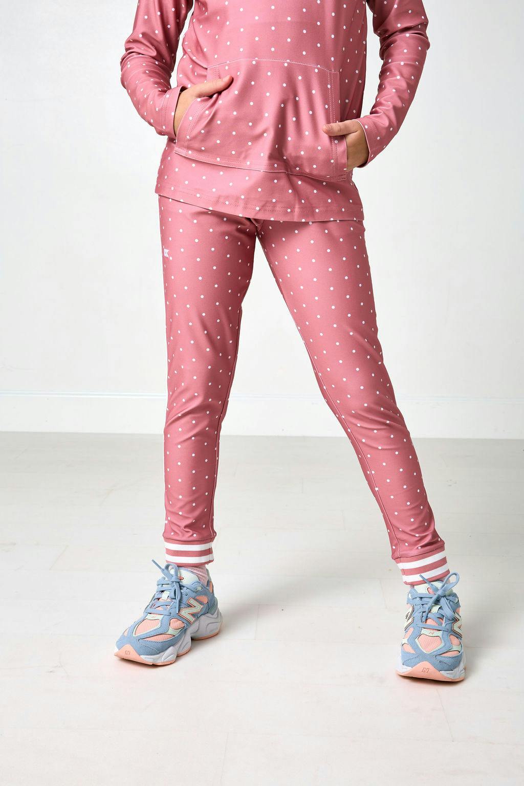 girls dusty pink polka dot retro warm-up jogger