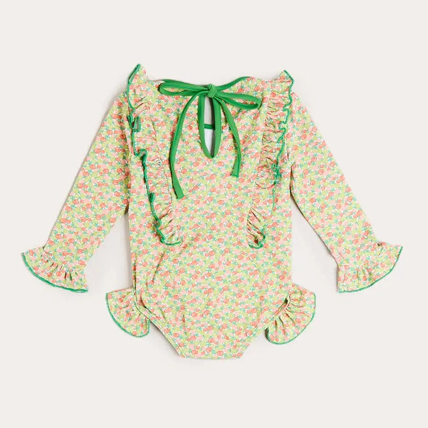 Annie Apple Print Ruffle Detail Long Sleeve Swimsuit in Green (12mths- 10yrs)