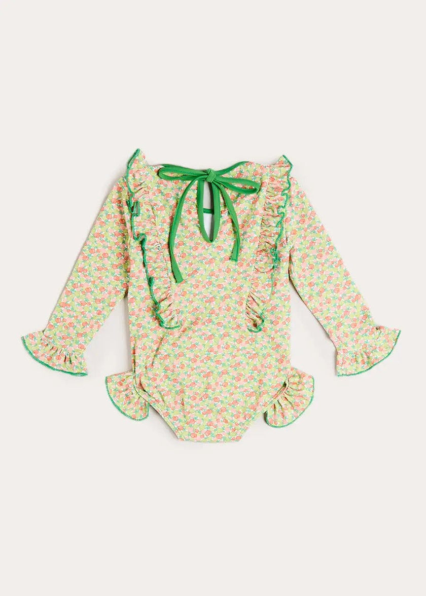 Annie Apple Print Ruffle Detail Long Sleeve Swimsuit in Green (12mths- 10yrs)
