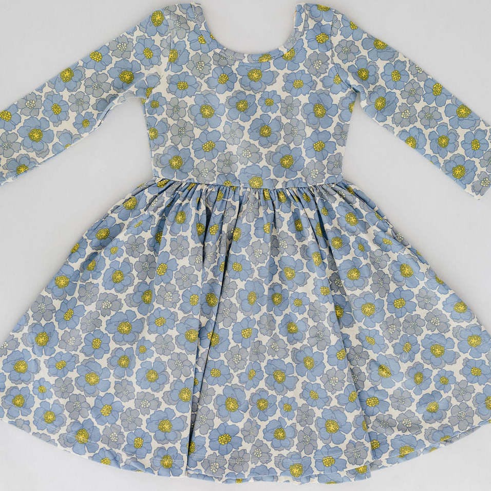 3/4 Sleeve Twirl Dress in Periwinkle Meadow