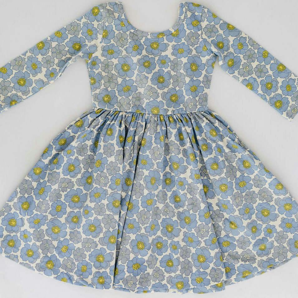 3/4 Sleeve Twirl Dress in Periwinkle Meadow