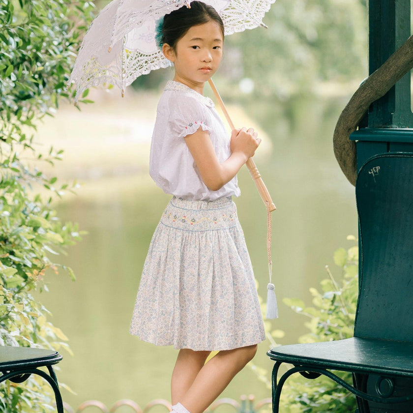 Marie Floral Blue Skirt & Short Sleeve Blouse