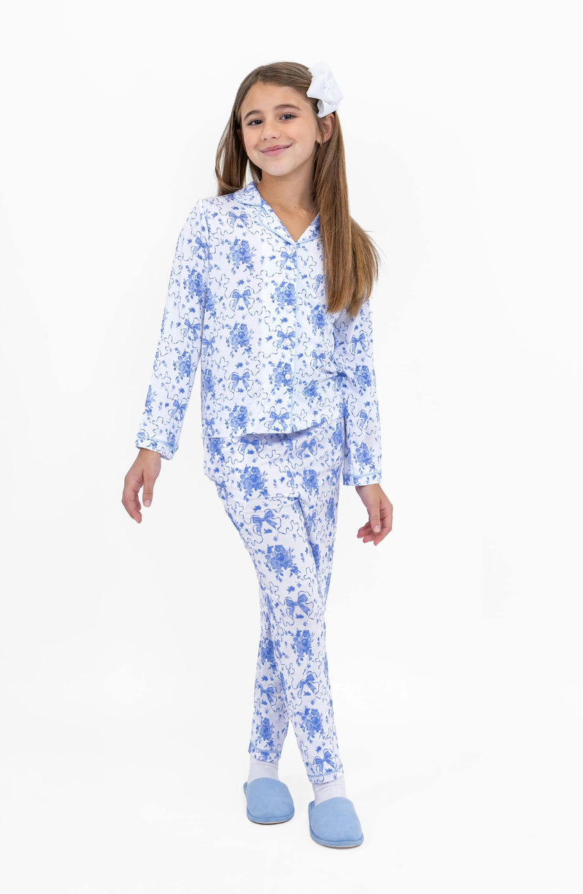 Blue Posies Long Sleeve Jersey Pajama Pant Set