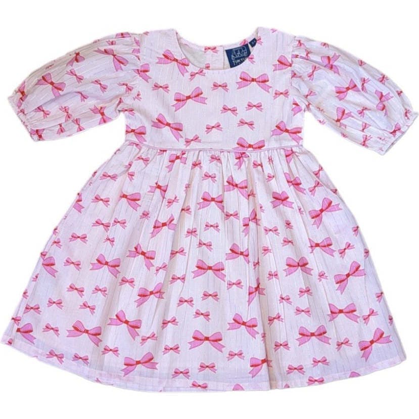 Pink Bows Puff Sleeve Dress in Lurex