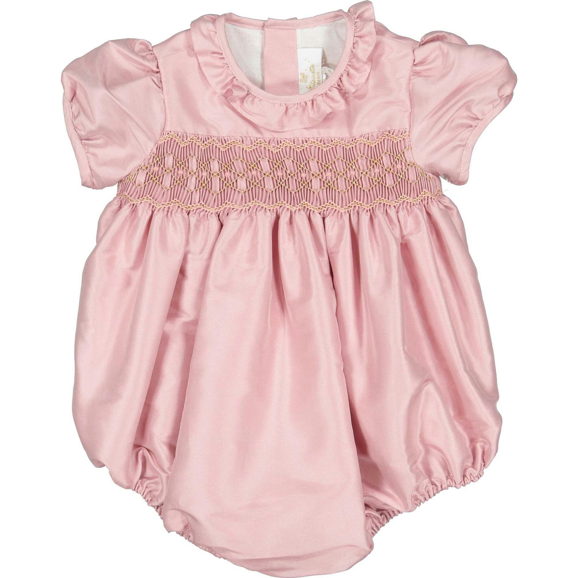 Astrid Pink Silk Smocked Baby Bubble
