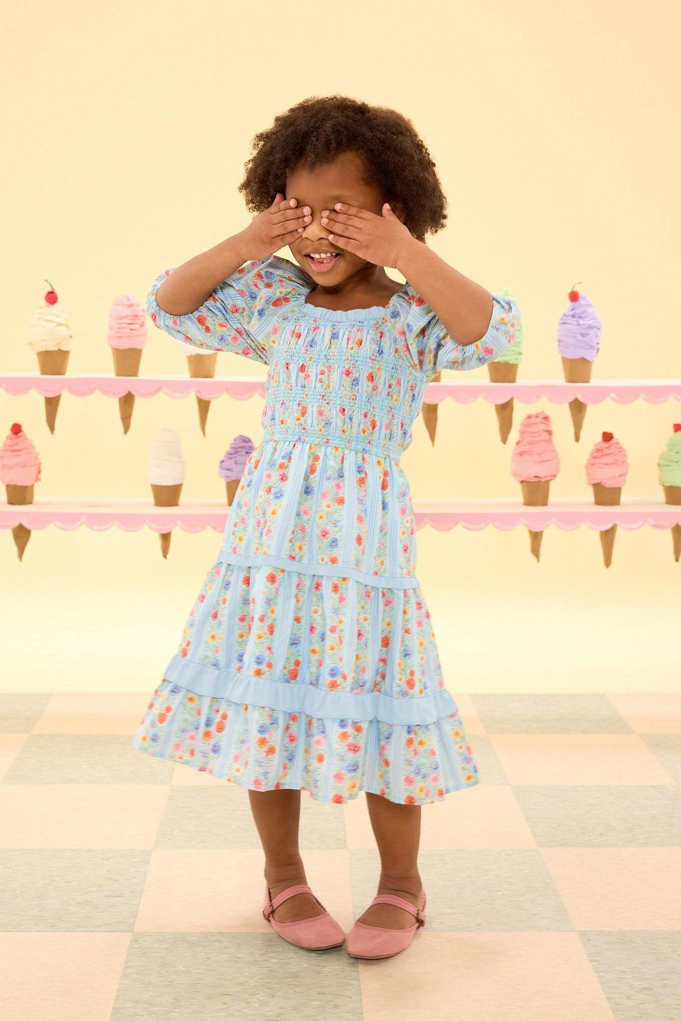 Mini Roselyn Dress in Blue Linear Floral Print