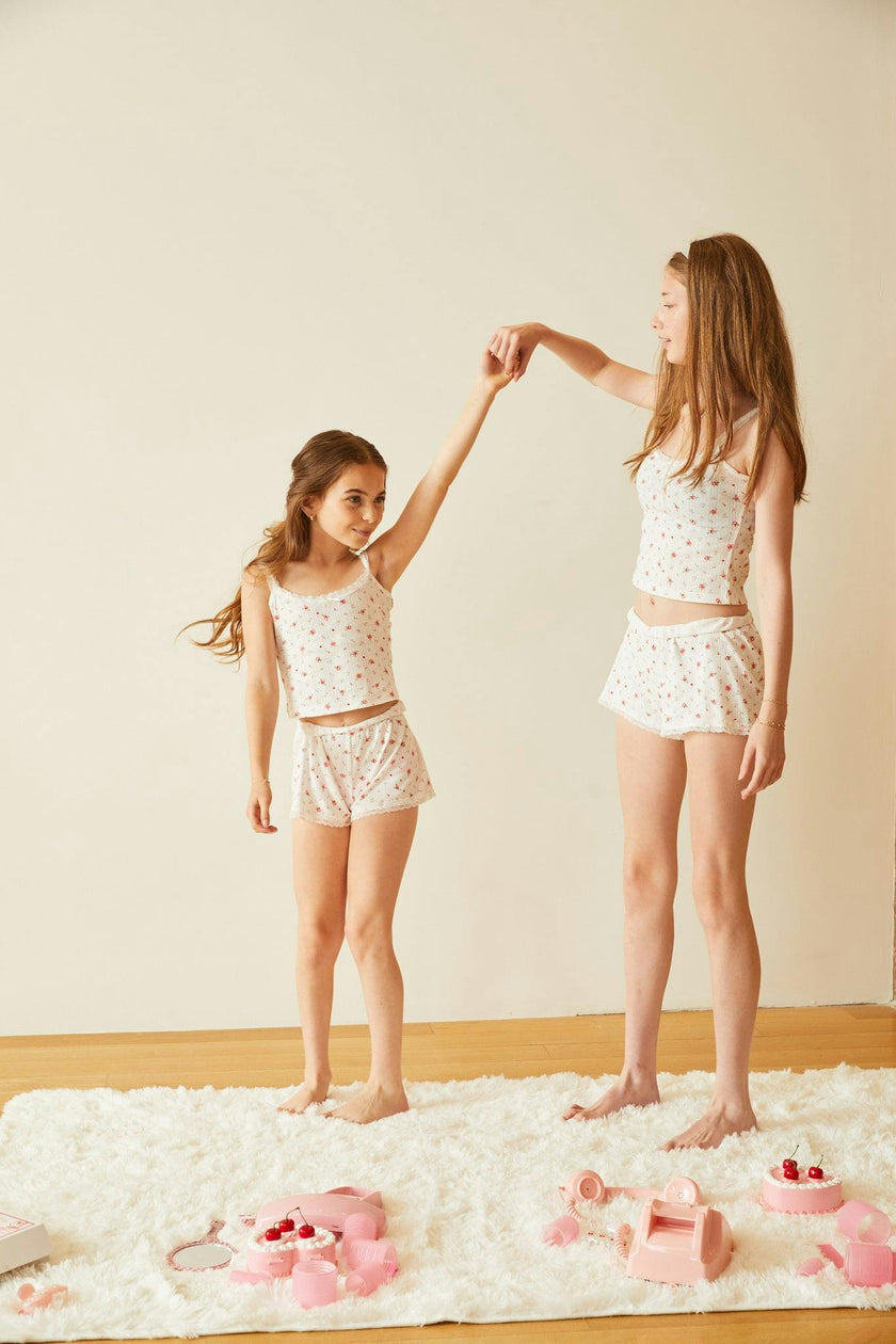 Teddy White With Rose Pointelle Shorts