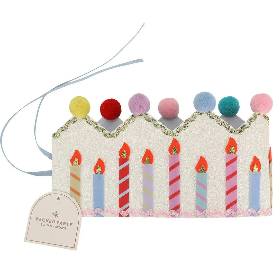 Packed Party Birthday Wishes Reusable Glitter Pom Pom Crown - Metallic Fabric Birthday Candle Crown with Multicolor Poms and Adjustable Satin Ties