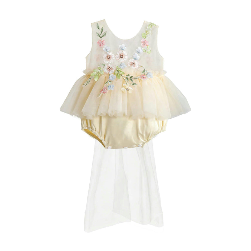 Beige Rosella Floral Tulle Romper