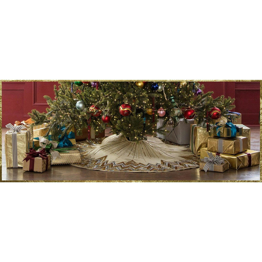 Hand Beaded Metallic Starburst French Vanilla Silk Christmas Tree Skirt 60"/72"