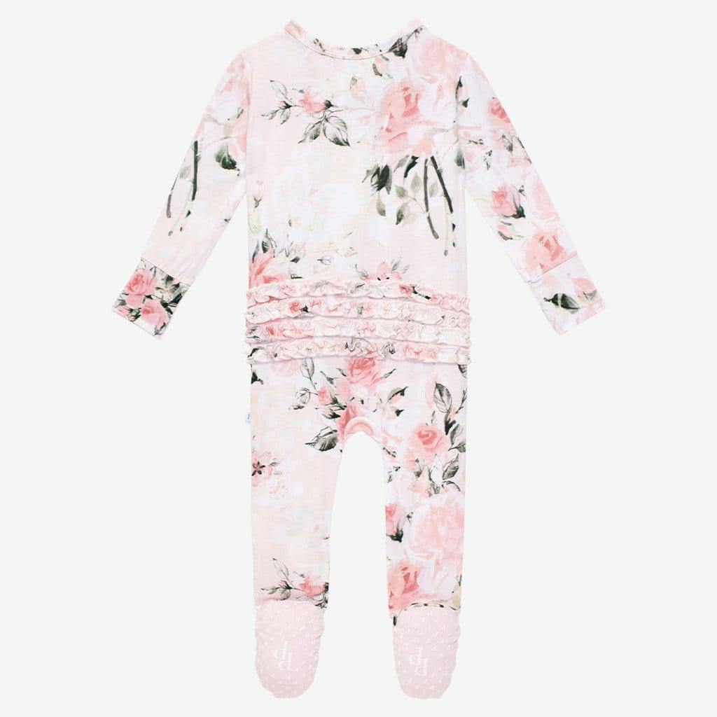 Vintage Pink Rose Footie Ruffled Zippered One Piece