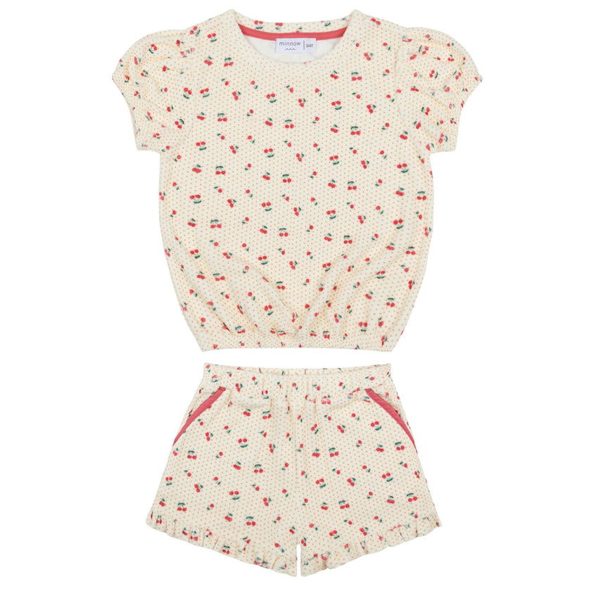 girls summer cherries french terry top and short set