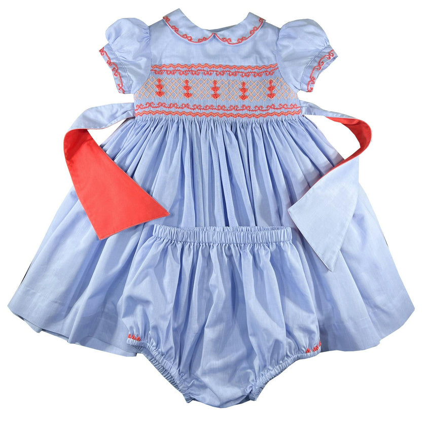 Lavender Blue Princess Charlotte Hand Smocked Embroidered Collar Short Sleeve Dress with Bloomer (12mo - 3 yrs)