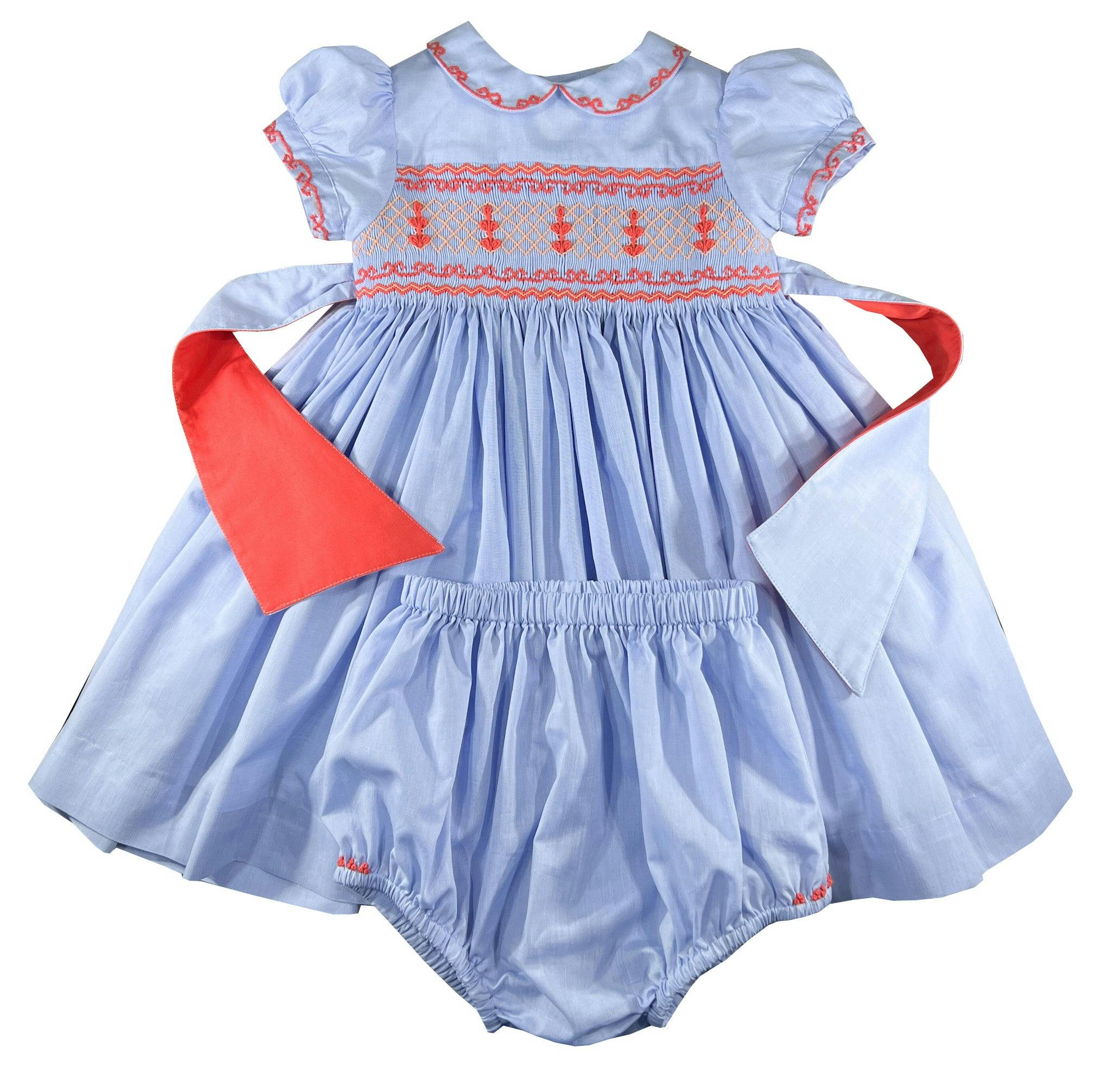 Lavender Blue Princess Charlotte Hand Smocked Embroidered Collar Short Sleeve Dress with Bloomer (12mo - 3 yrs)