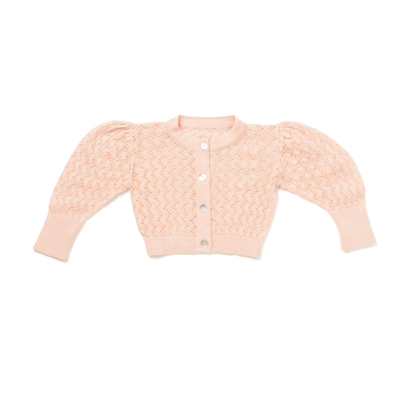 Lacy Knit Elongated Cuff Long Puff Sleeve Cardigan