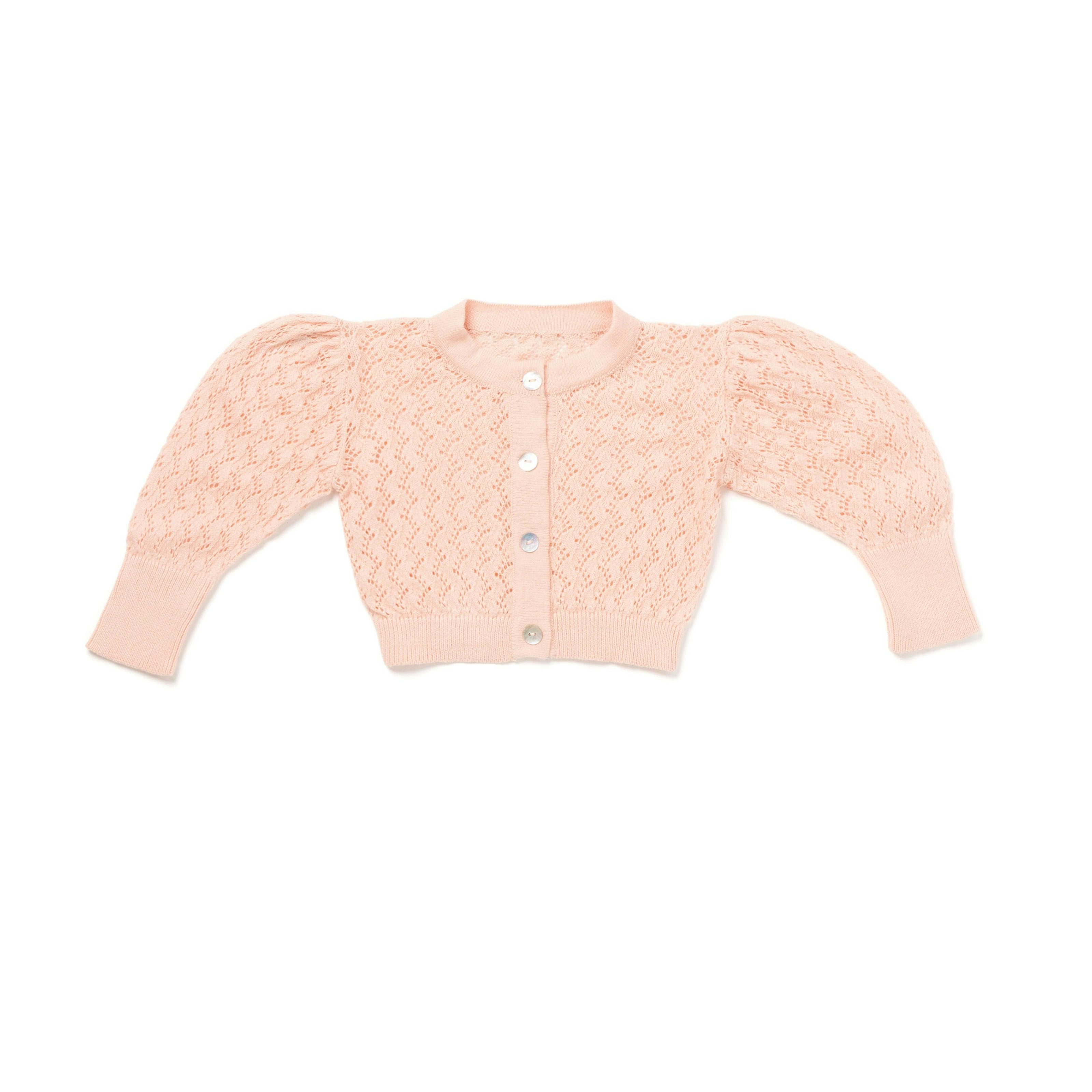 Lacy Knit Elongated Cuff Long Puff Sleeve Cardigan