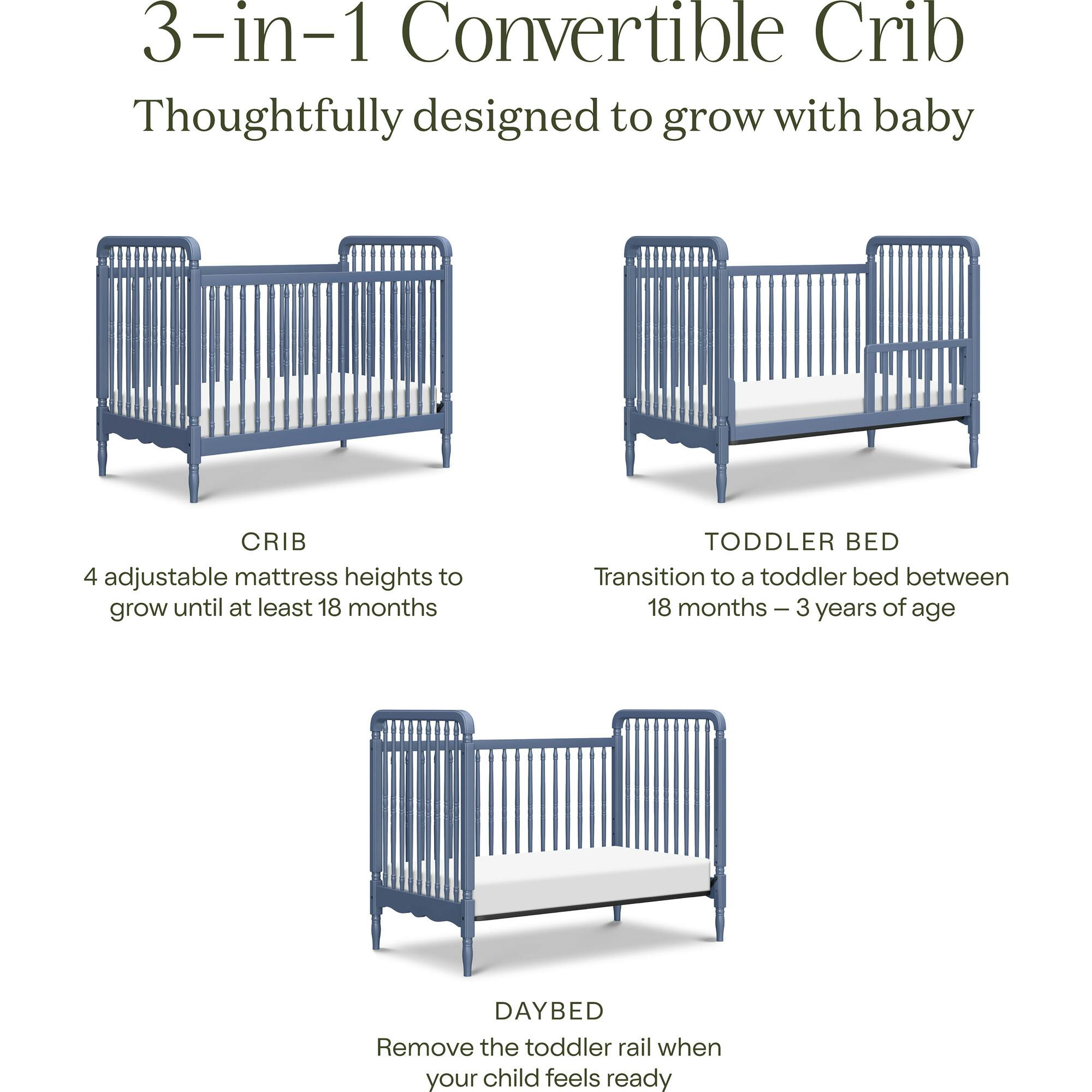 Liberty 3-in-1 Convertible Spindle Crib w/Toddler Bed Conversion Kit in Cove Blue