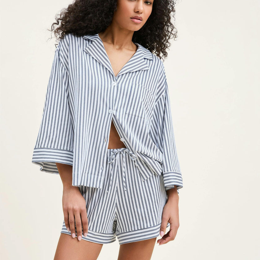 The Olivia Pima Short Set in Navy French Ticking
