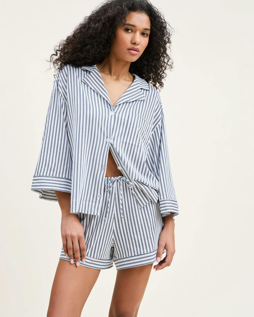 The Olivia Pima Short Set in Navy French Ticking