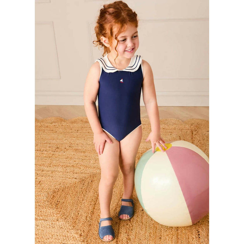 Mariner Collar Embroidered Boat Motif Two Piece Swimsuit in White (12mths- 10yrs)