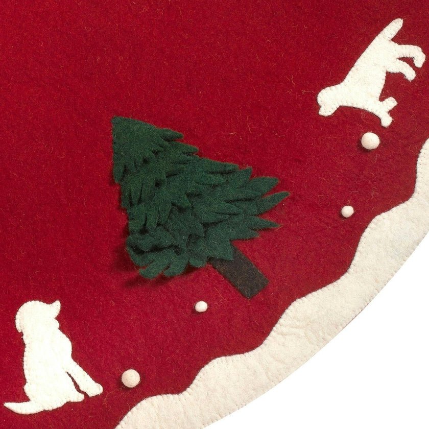 Hand Felted Wool Dogs and Trees Red Christmas Tree Skirt 60" Arcadia Home