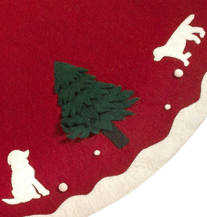 Hand Felted Wool Dogs and Trees Red Christmas Tree Skirt 60"