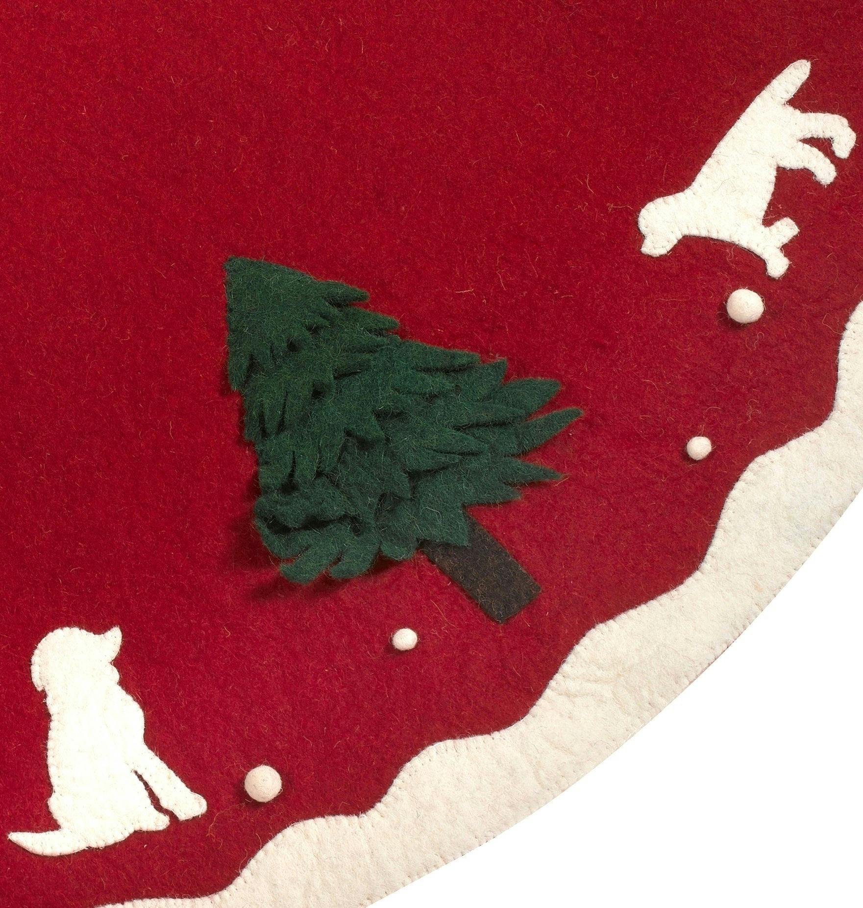 Hand Felted Wool Dogs and Trees Red Christmas Tree Skirt 60