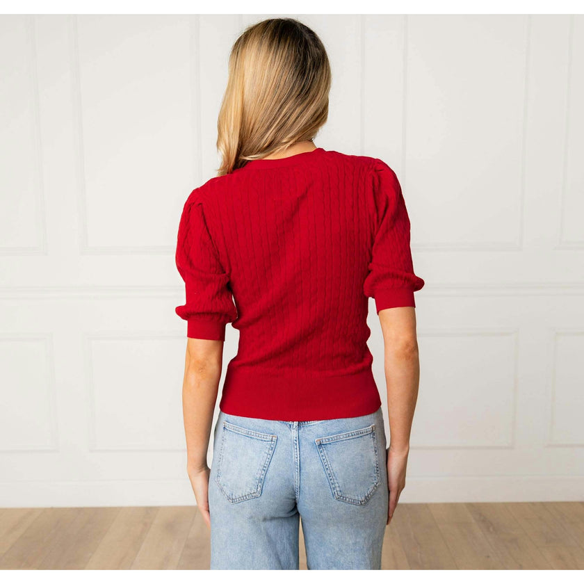 Organic Puff Sleeve Button Front Sweater, Red