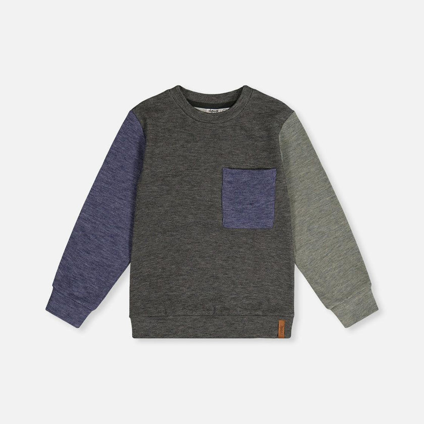 Colorblock Brushed Jersey Top with Chest Pocket Grey Brown
