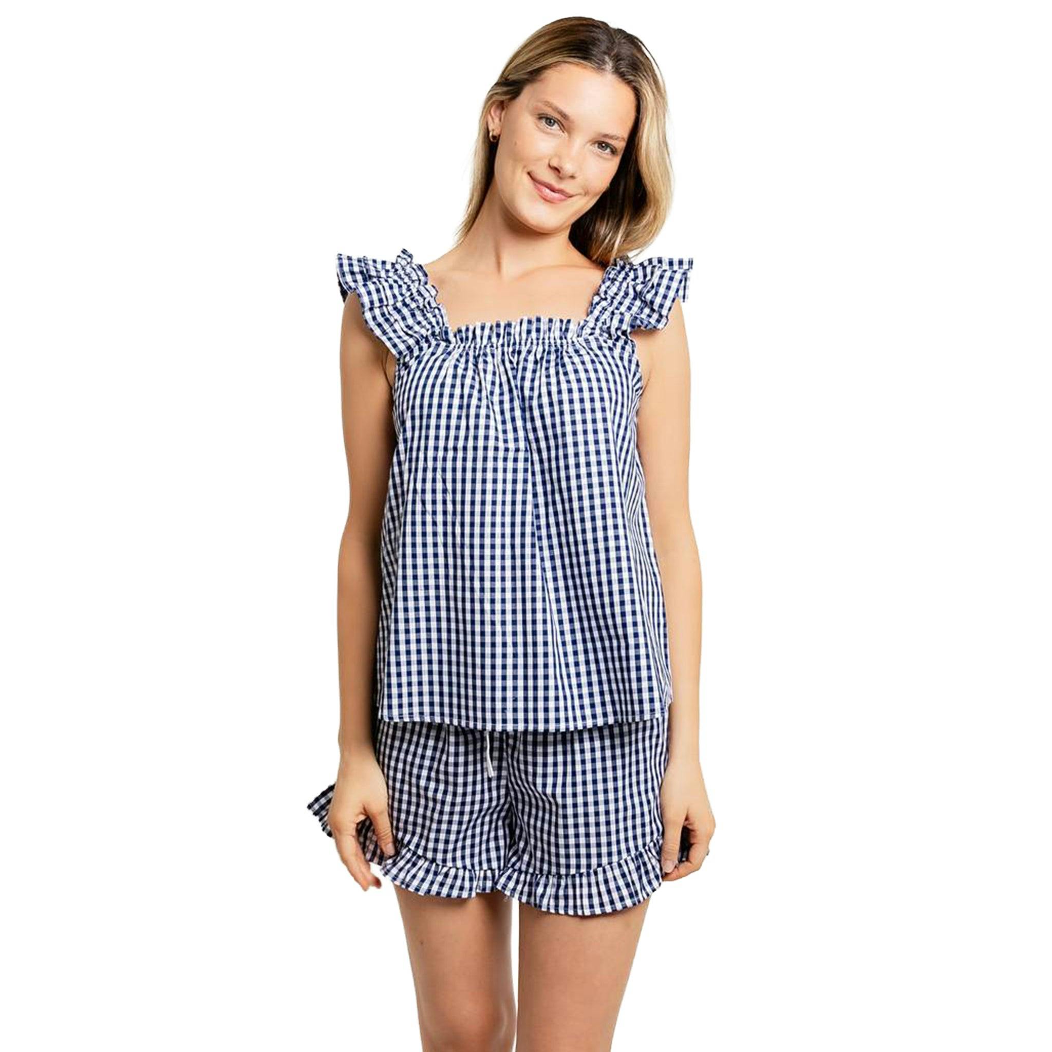 Women's Hepburn Gingham Navy Frill Tank PJ Set