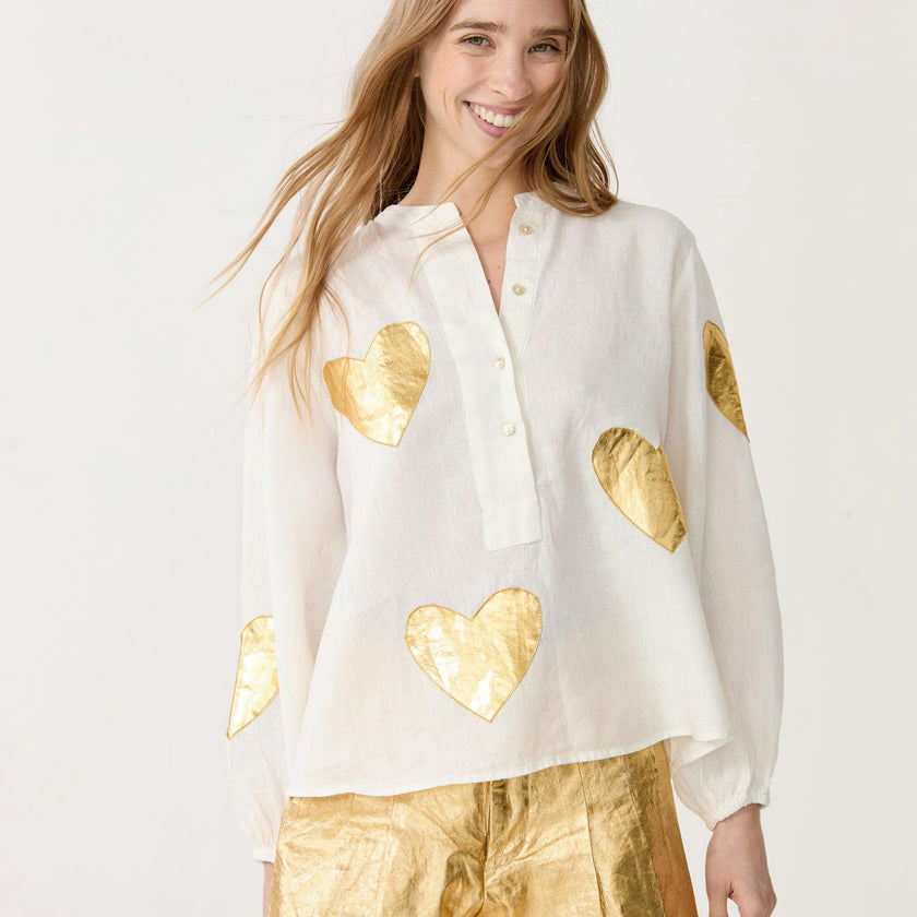 Cupid Linen Shirt - Off-White w/ Gold Hearts
