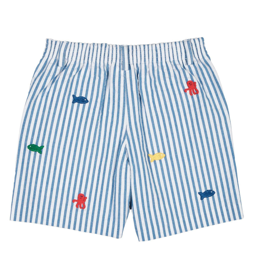 Seersucker Short With Embroidered Sea Creatures