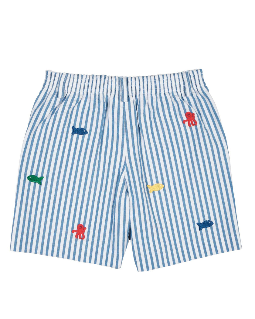 Seersucker Short With Embroidered Sea Creatures