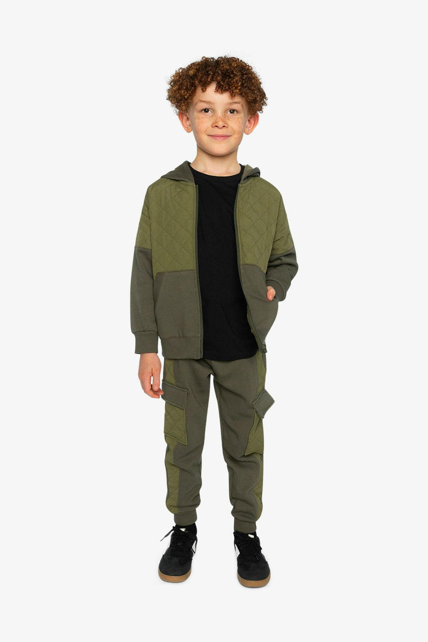 Full Zip Hooded Bi-Material Cardigan Green