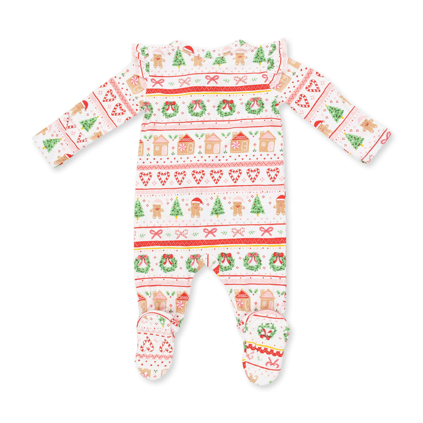 Gingerbread Fair Isle Pink - 2 Way Ruffle Sleeve Zipper Footie