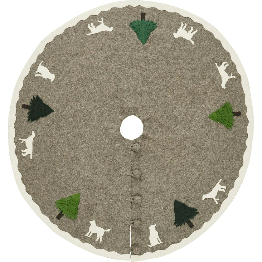 Cream Dogs and Green Trees Christmas Tree Skirt Gray Hand Felted Wool - 60" / 72"
