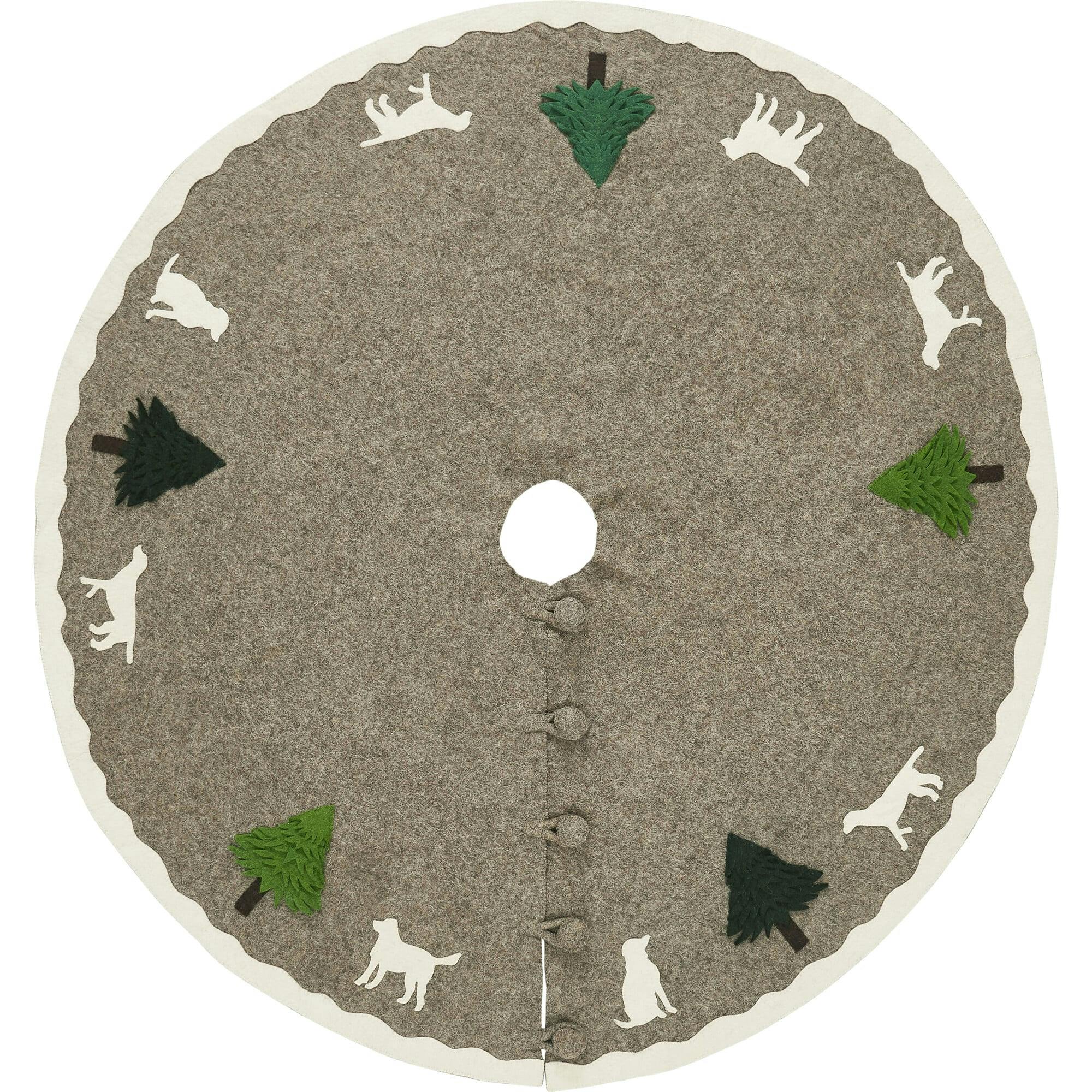 Cream Dogs and Green Trees Christmas Tree Skirt Gray Hand Felted Wool - 60