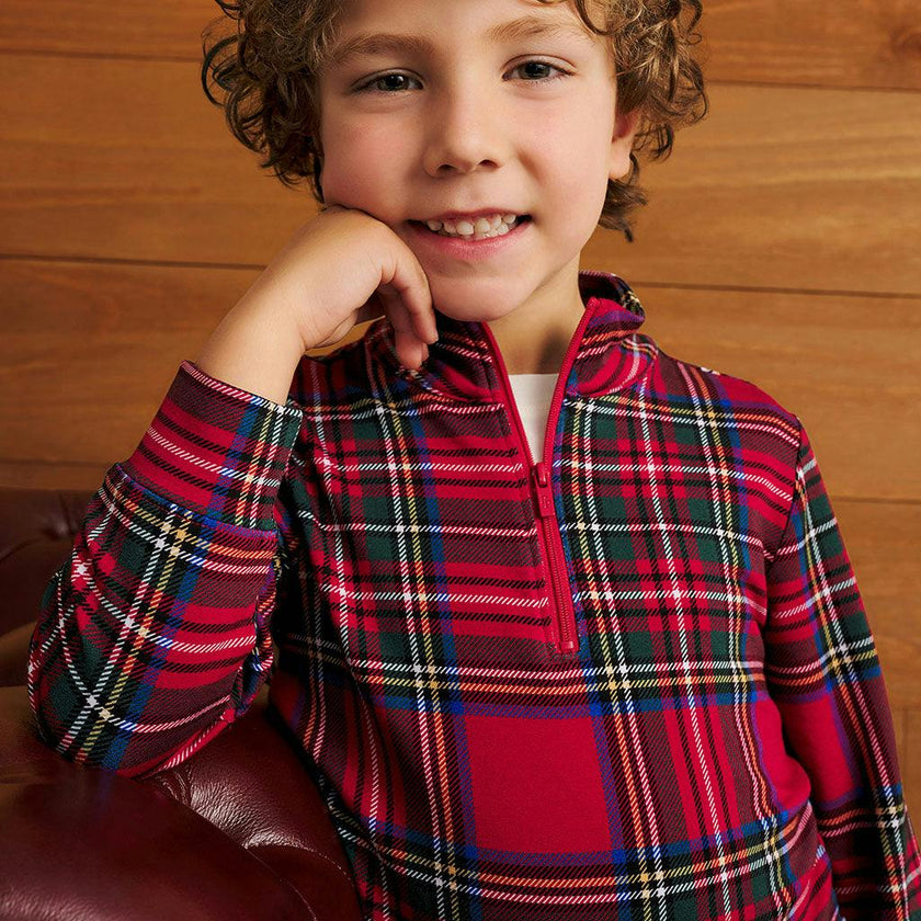 Red Tartan Plaid French Terry Quarter Zip Sweatshirt