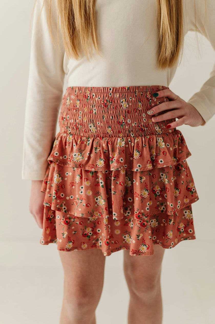 Girls Tiered Mini Skirt in Daisy Cluster in Brick Dust