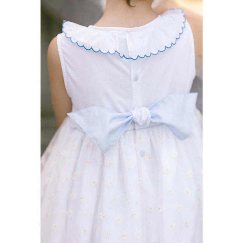 Cordelia White Linen Dress with Blue Tulle Embroidery