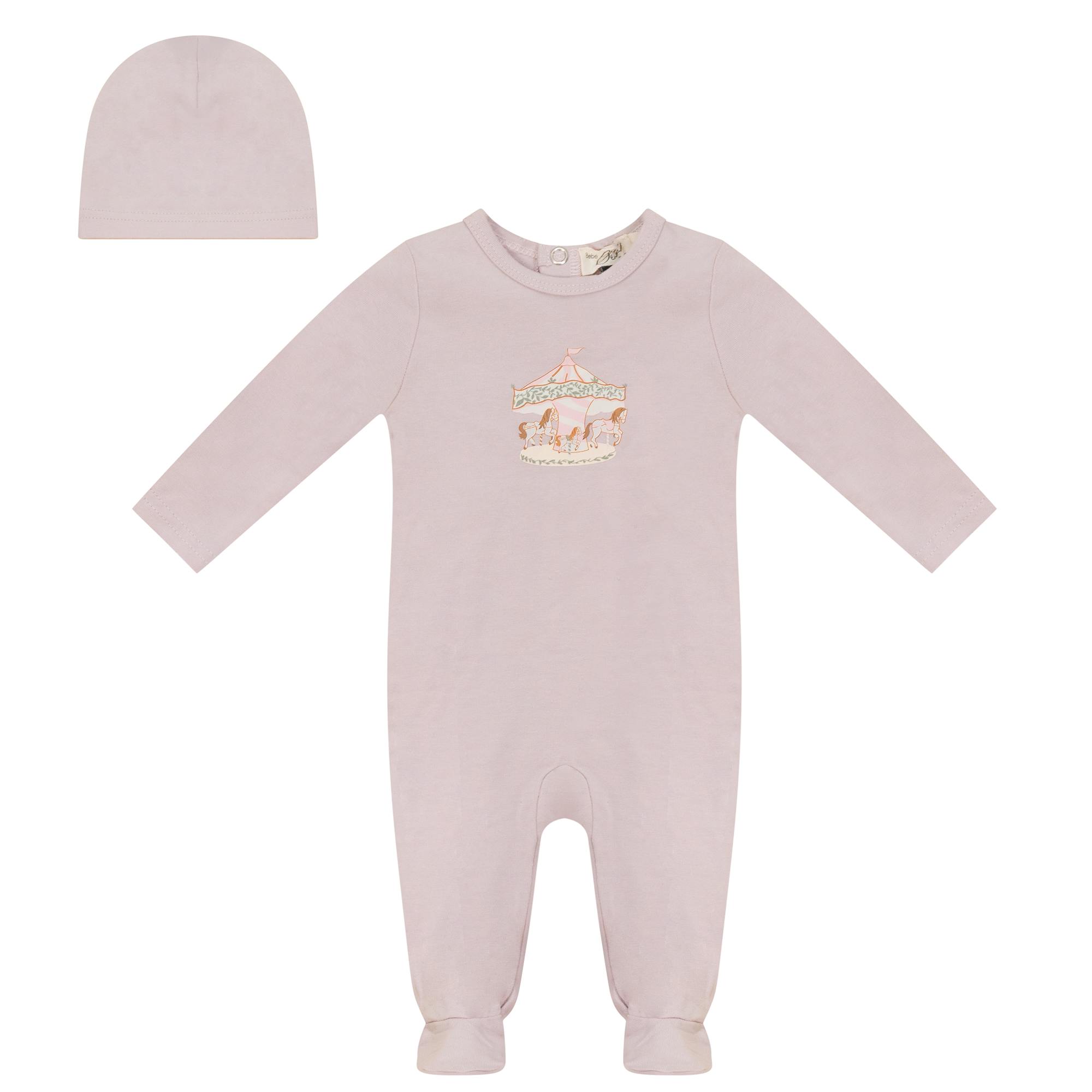 Carousel Print Snap Front Long Sleeve Romper and Hat Two Piece Set