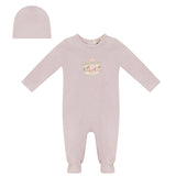 Carousel Print Snap Front Long Sleeve Romper and Hat Two Piece Set