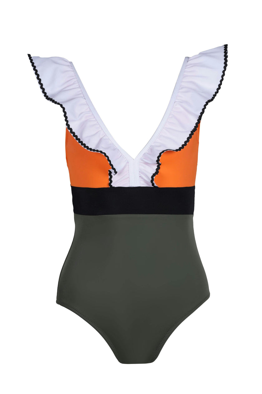 Zuma Contrast Ruffle V-Neck Swimsuit