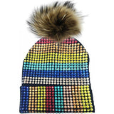 Studded Crystal Beanie With Faux Fur Pom