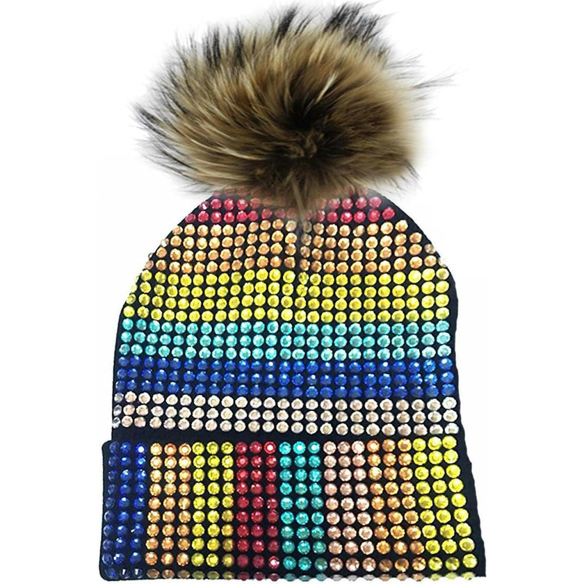 Studded Crystal Faux Fur Pom Pom Beanie