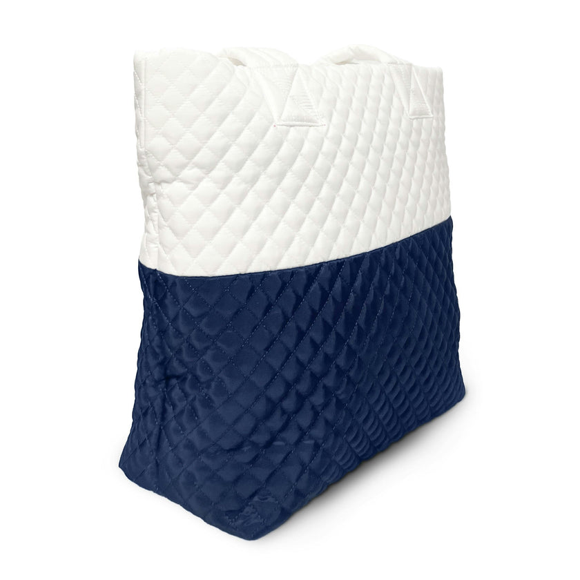 Newport Two-Tone Quilted Tote Bag with Zipper Closure- White/Dark Blue