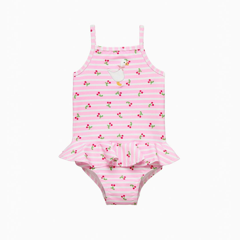 Baby Cherry Stripe Duck Swimsuit in Pink