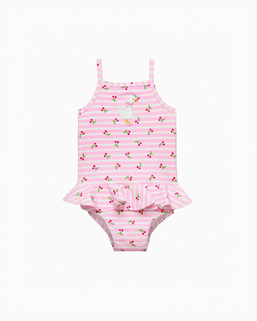 Baby Cherry Stripe Duck Swimsuit in Pink