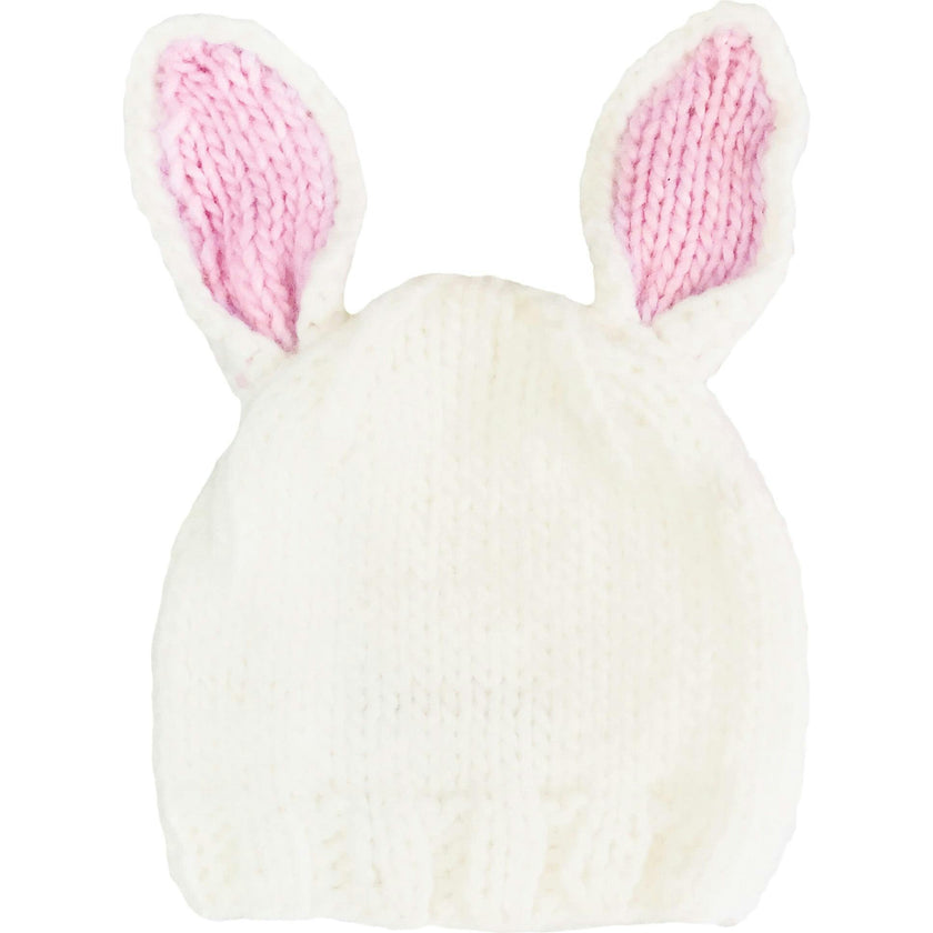 Bailey Bunny Hand-Knit Hat, White with Pink Ears
