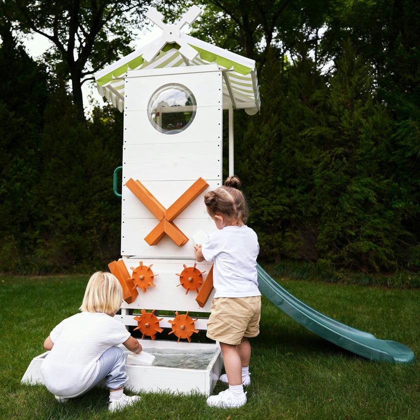 Aloe Wooden Outdoor Playhouse – Slide, Water Wheel Station & Steering Wheel for Toddlers